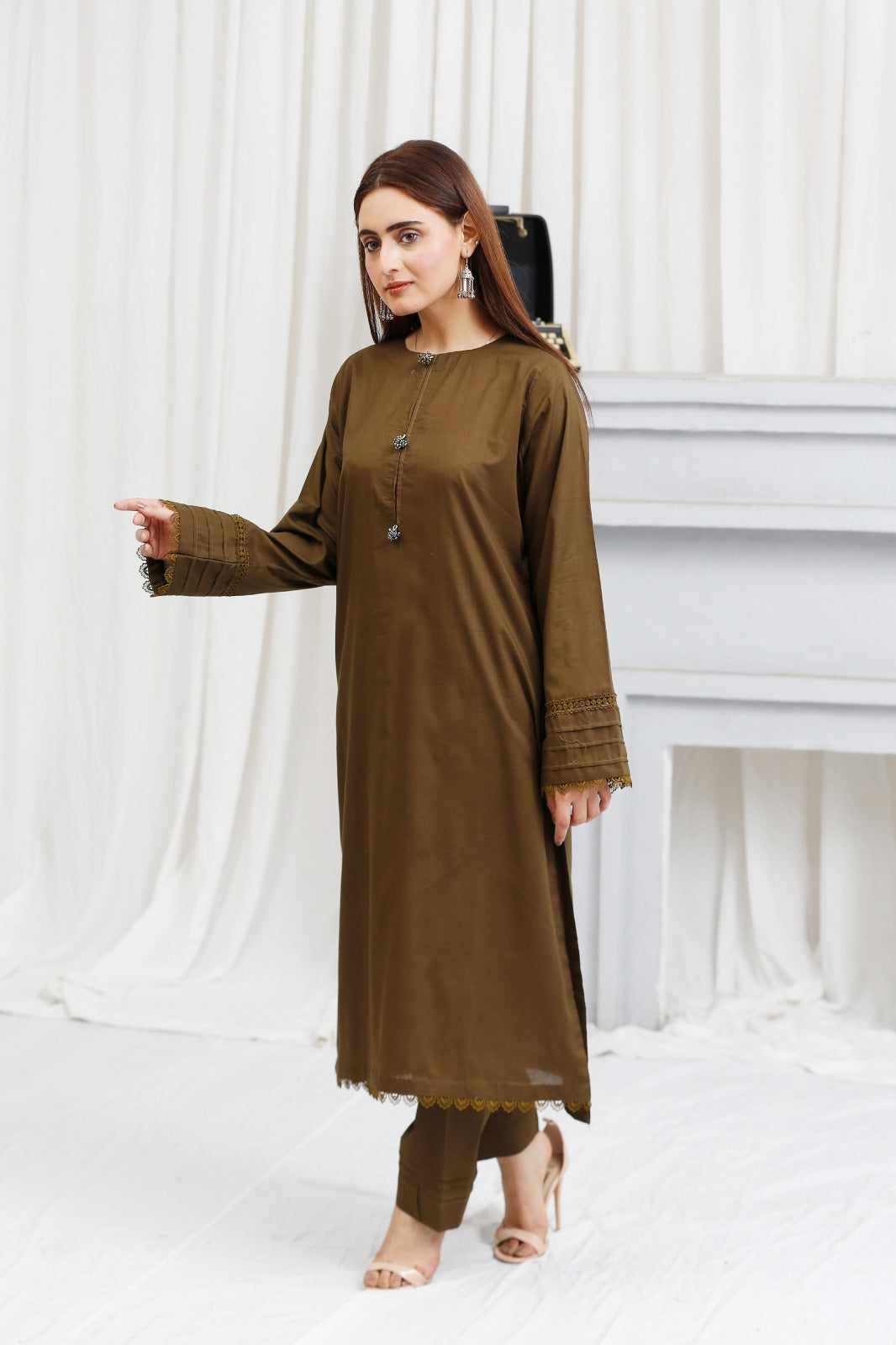 2 piece lawn shirt and shalwar ready to wear-Brown