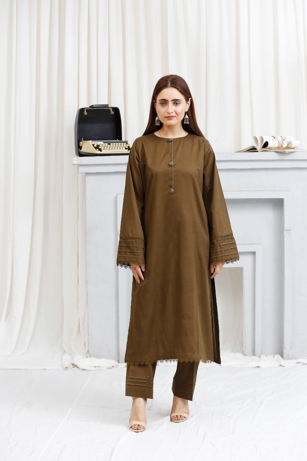 2 piece lawn shirt and shalwar ready to wear-Brown