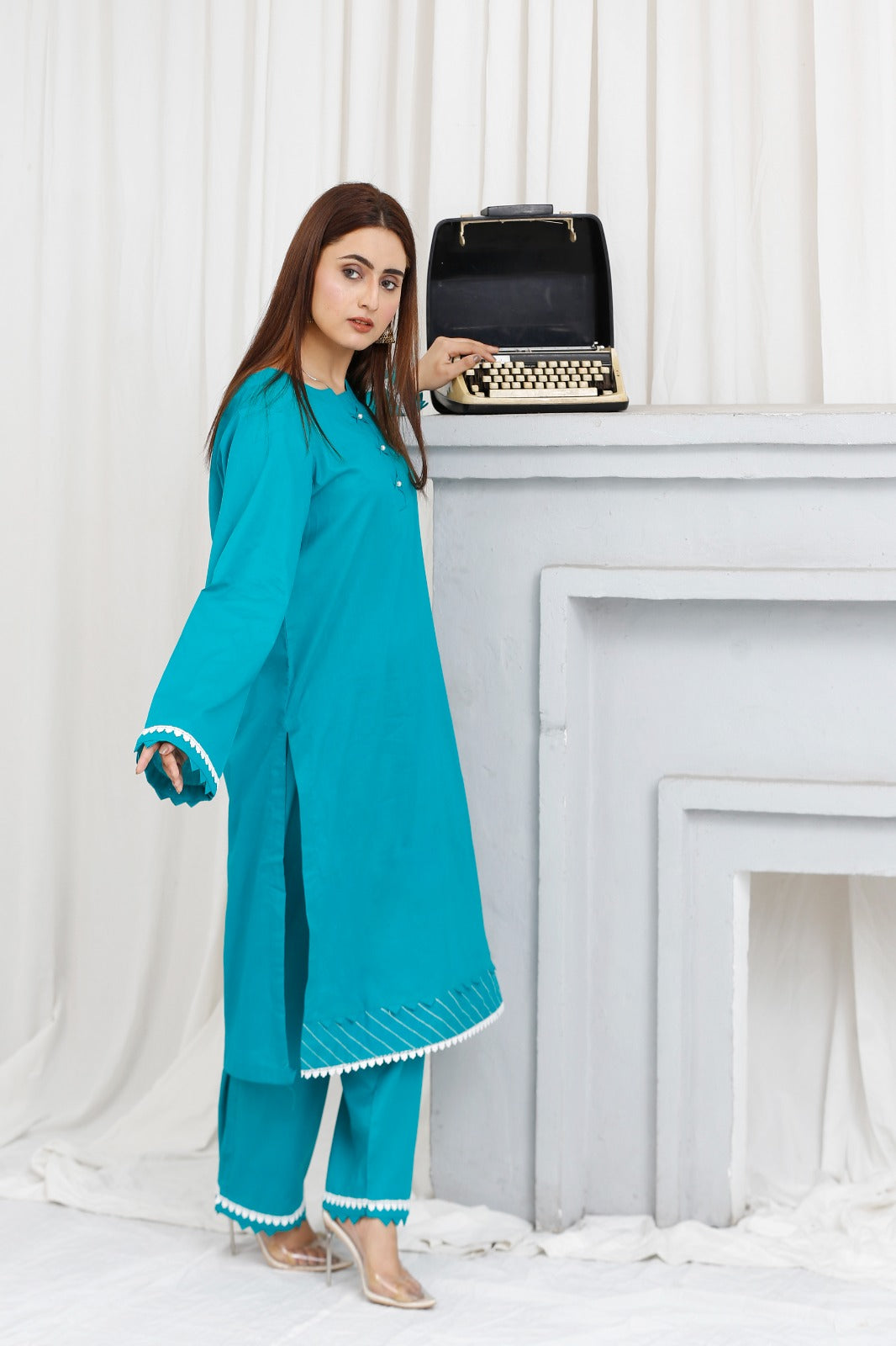 2 piece lawn shirt and shalwar ready to wear-teal blue