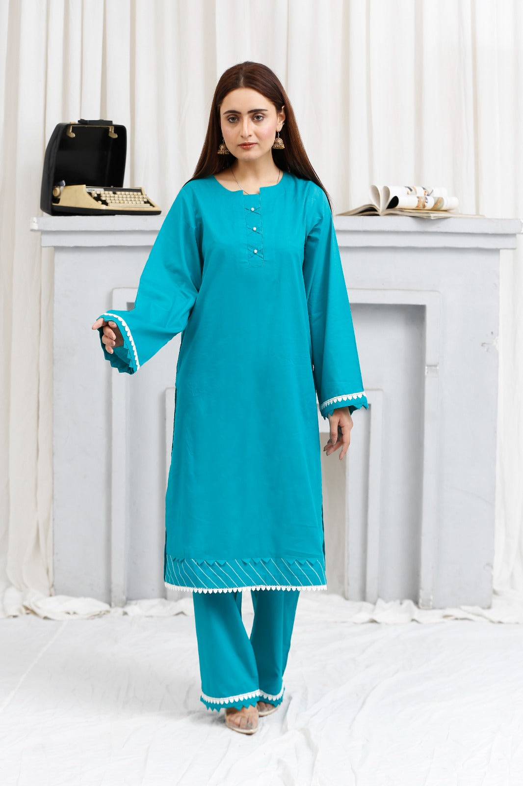 2 piece lawn shirt and shalwar ready to wear-teal blue