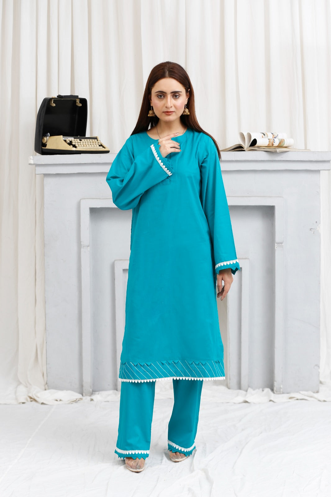 2 piece lawn shirt and shalwar ready to wear-teal blue